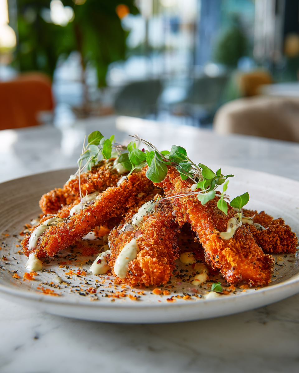 Tiras de pollo fritas al aire, crujientes y jugosas, ideales para reuniones con amigos y familia, fáciles de preparar en solo 45 minutos