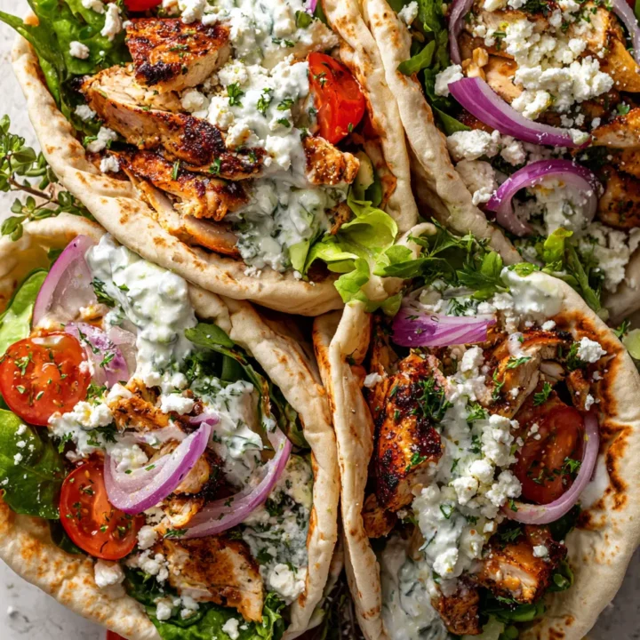 Wrap de pollo griego con salsa tzatziki y verduras frescas, ideal para reuniones familiares.