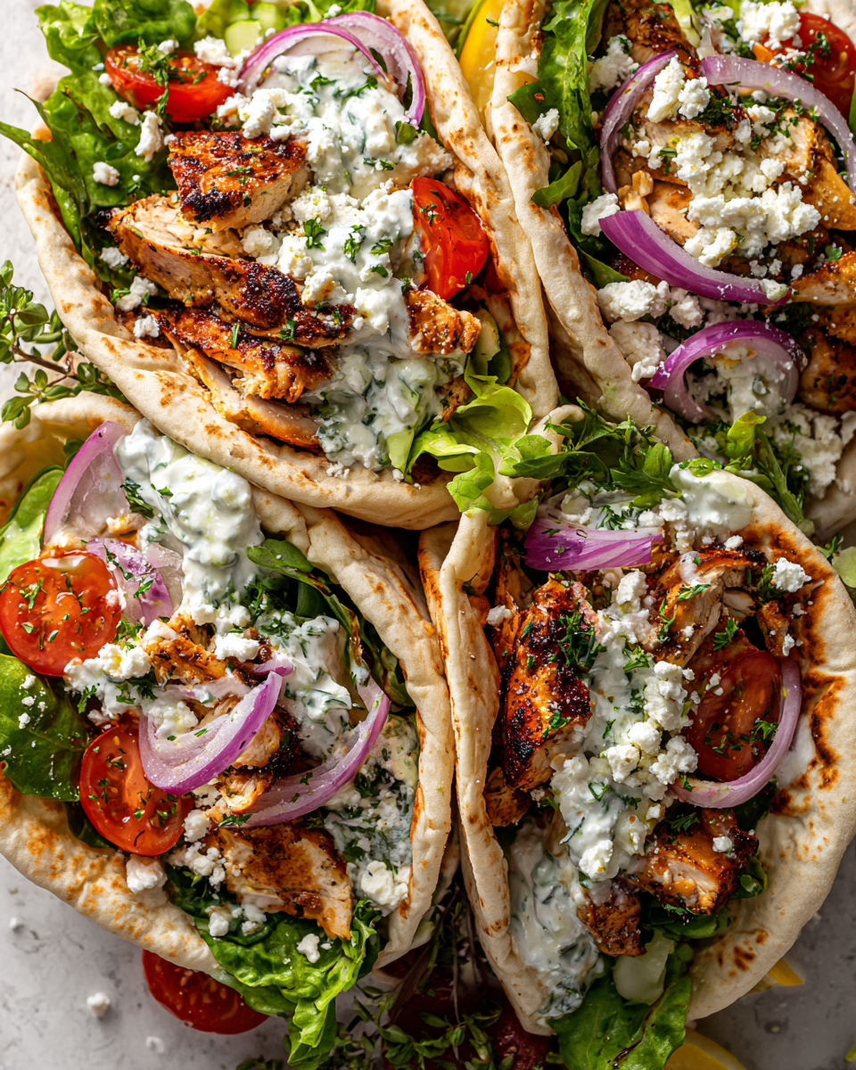 Wrap de pollo griego con salsa tzatziki y verduras frescas, ideal para reuniones familiares.