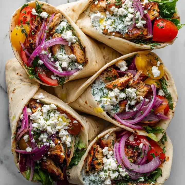 Wrap de pollo griego con salsa tzatziki y verduras frescas, ideal para reuniones familiares.