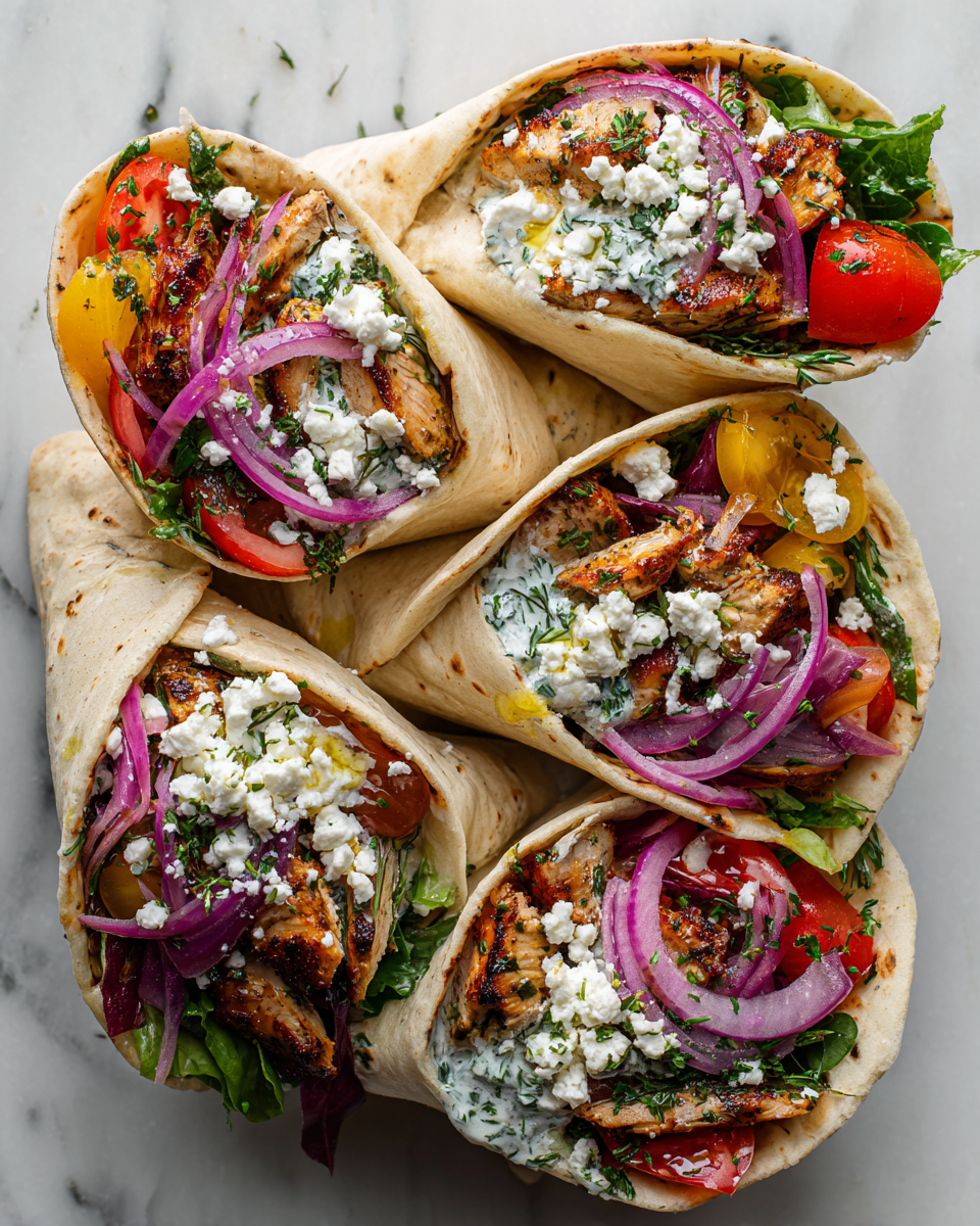 Wrap de pollo griego con salsa tzatziki y verduras frescas, ideal para reuniones familiares.