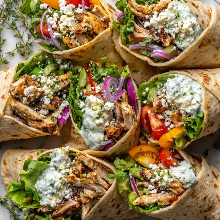 Wrap de pollo griego con salsa tzatziki y verduras frescas, ideal para reuniones familiares.