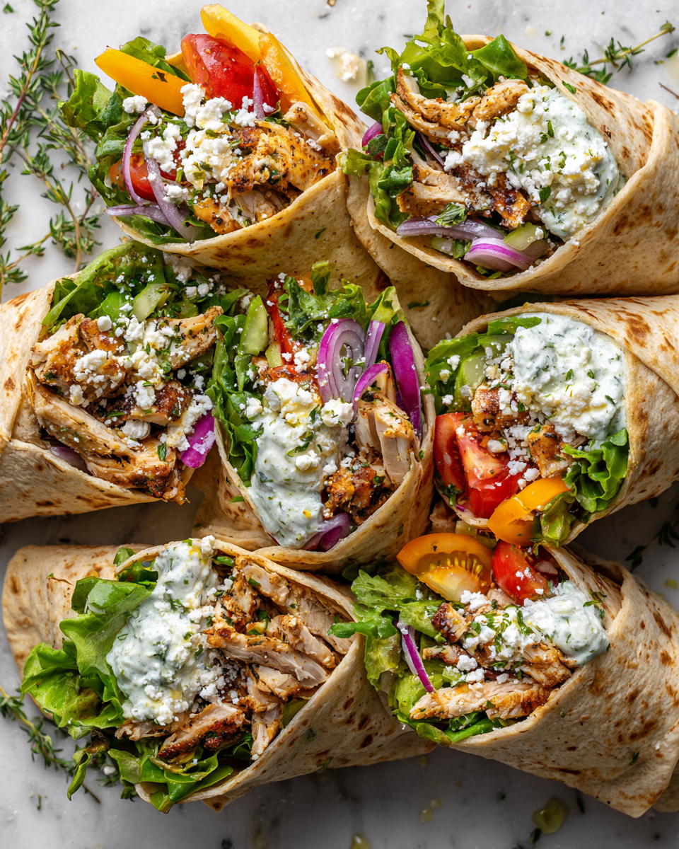 Wrap de pollo griego con salsa tzatziki y verduras frescas, ideal para reuniones familiares.