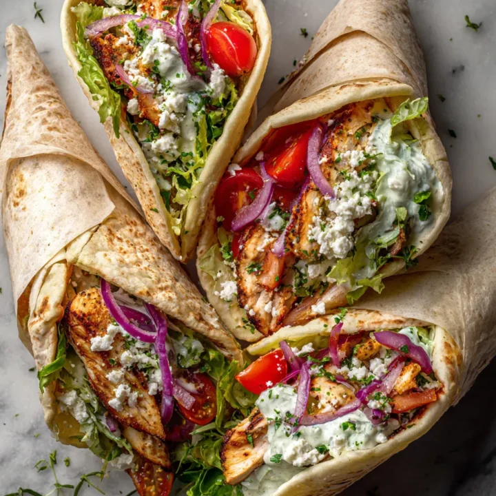 Wrap de pollo griego con salsa tzatziki y verduras frescas, ideal para reuniones familiares.