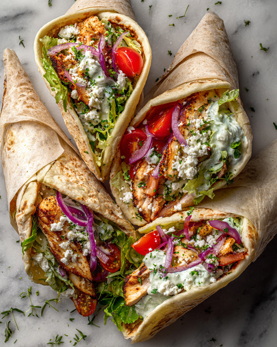 Wrap de pollo griego con salsa tzatziki y verduras frescas, ideal para reuniones familiares.