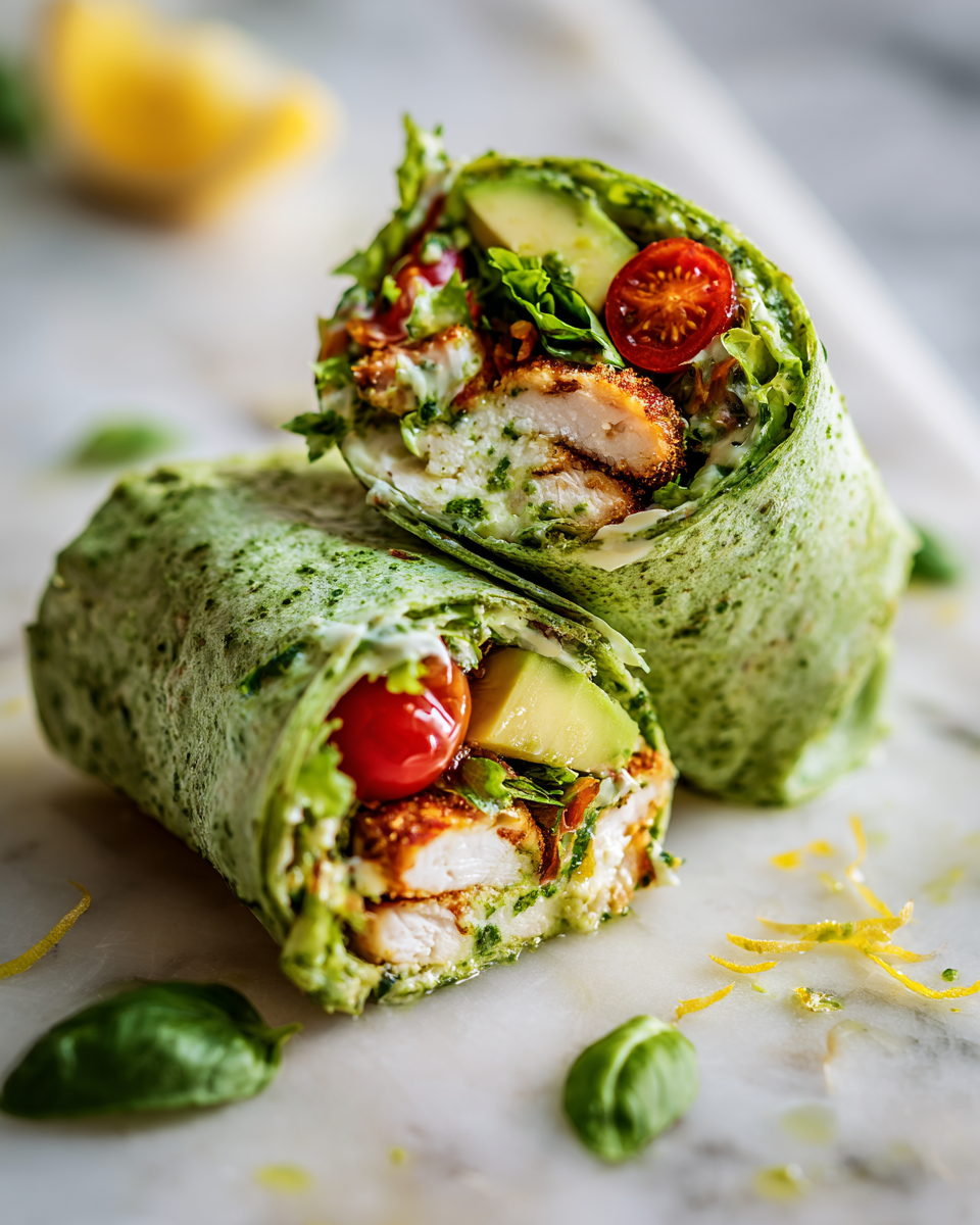 Deliciosa Envoltura de Pollo al Pesto Envoltura de pollo al pesto fresco y saludable