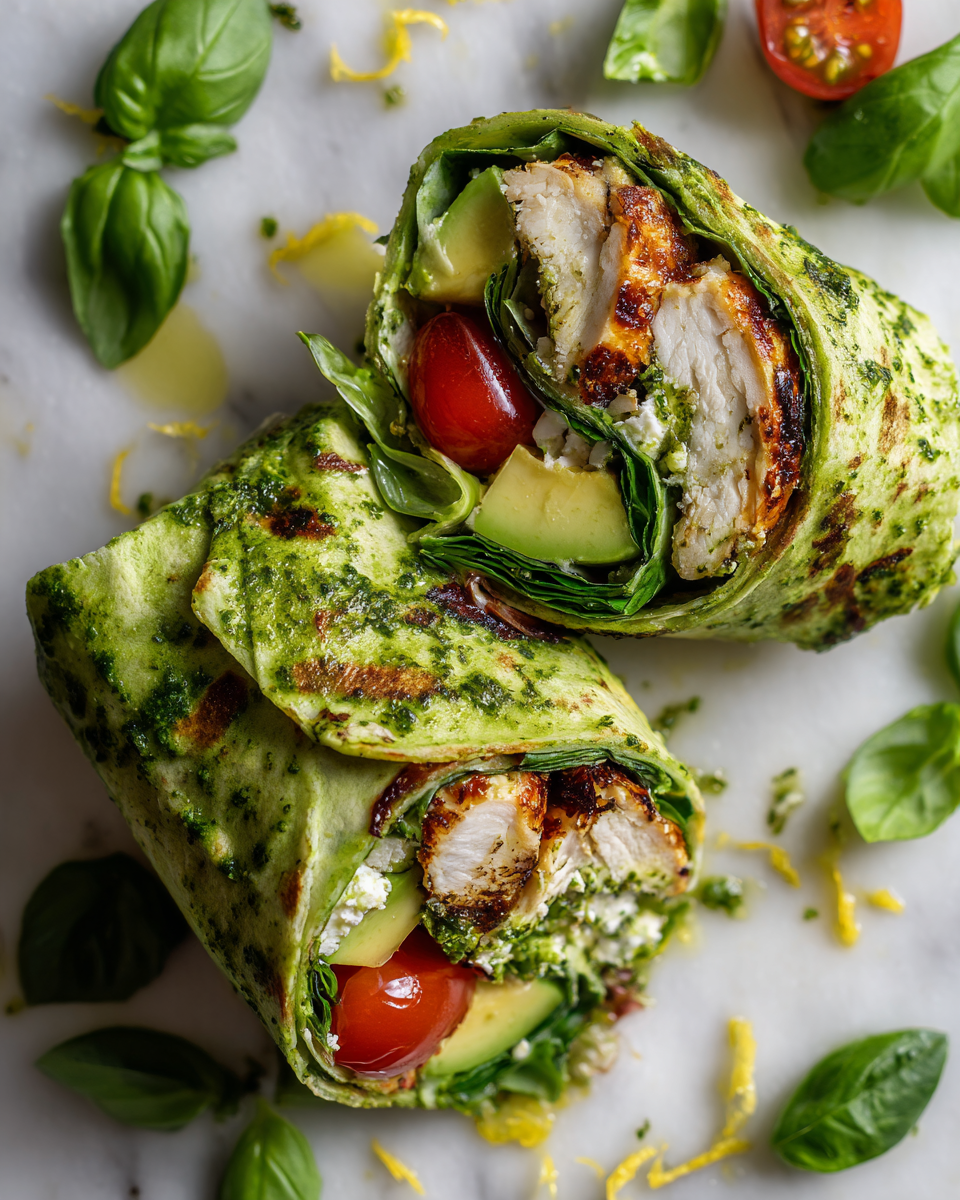 Deliciosa Envoltura de Pollo al Pesto Envoltura de pollo al pesto fresco y saludable