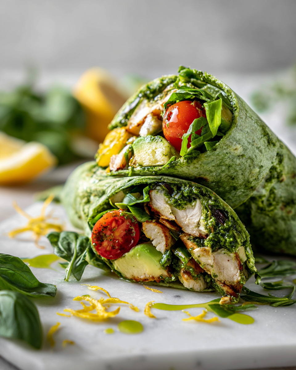 Deliciosa Envoltura de Pollo al Pesto Envoltura de pollo al pesto fresco y saludable