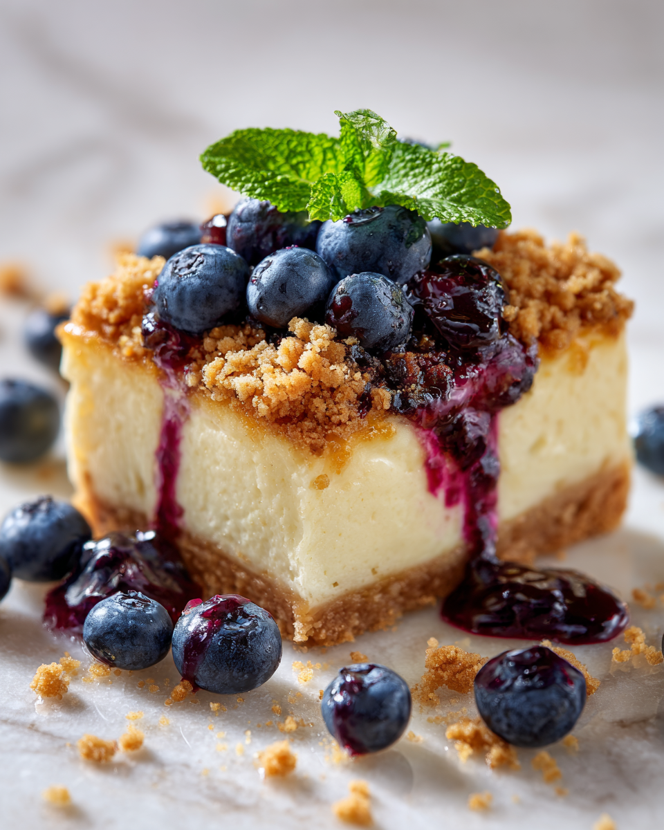 Cheesecake de Arándanos con topping crujiente, ideal para reuniones veraniegas