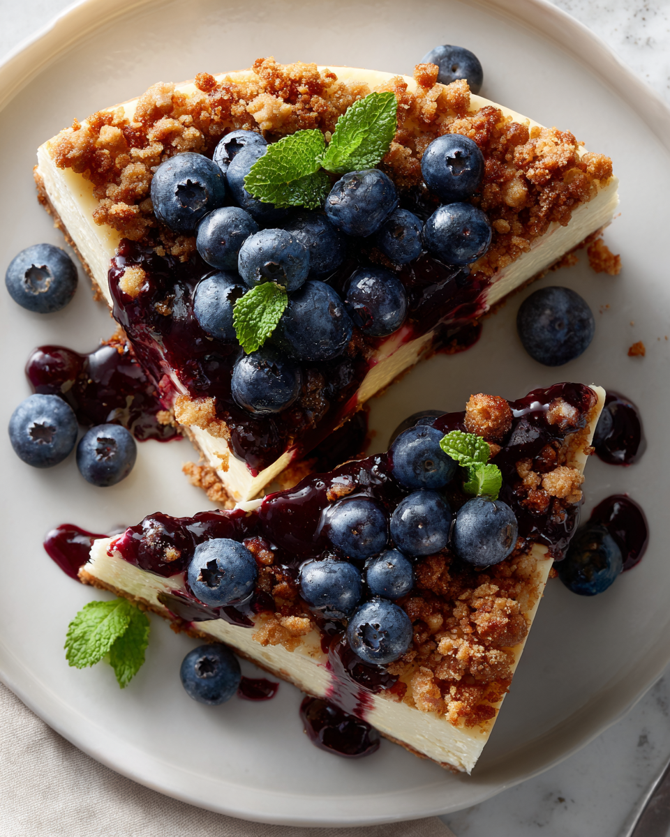 Cheesecake de Arándanos con topping crujiente, ideal para reuniones veraniegas