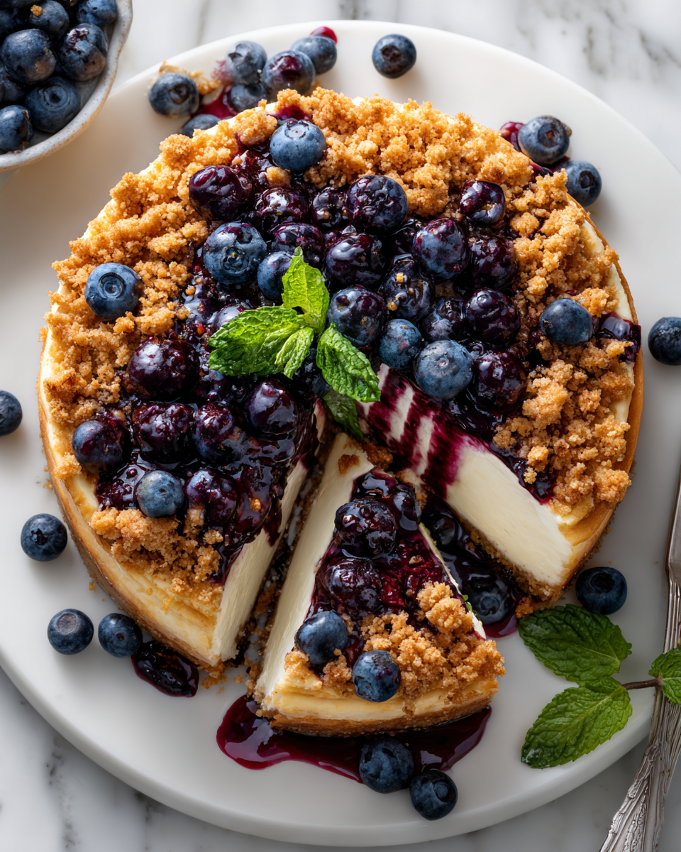 Cheesecake de Arándanos con topping crujiente, ideal para reuniones veraniegas