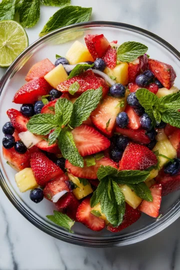 Ensalada de frutas colorida y refrescante ideal para el verano en España, perfecta para fiestas y reuniones familiares.