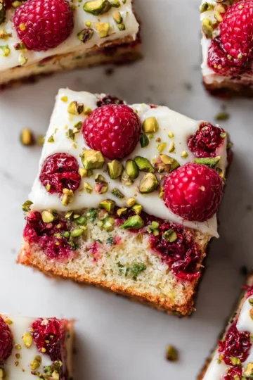 Pastel de frambuesa y pistacho, un postre perfecto y festivo que combina sabores vibrantes de frutas frescas y nueces crujientes.
