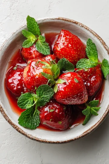 Fresas frescas glaseadas con miel y lima, un postre saludable y festivo, ideal para el verano.