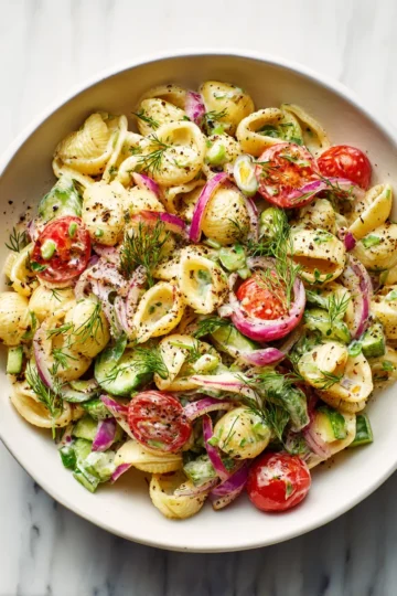 Ensalada de pasta con pepinillos, frescura y sabores vibrantes, ideal para reuniones de verano