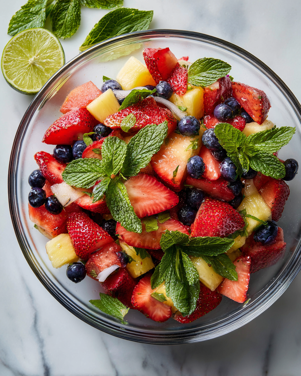 Ensalada de frutas colorida y refrescante ideal para el verano en España, perfecta para fiestas y reuniones familiares.