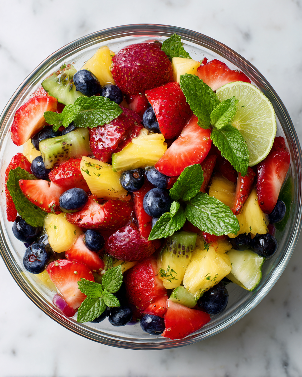 Ensalada de frutas colorida y refrescante ideal para el verano en España, perfecta para fiestas y reuniones familiares.