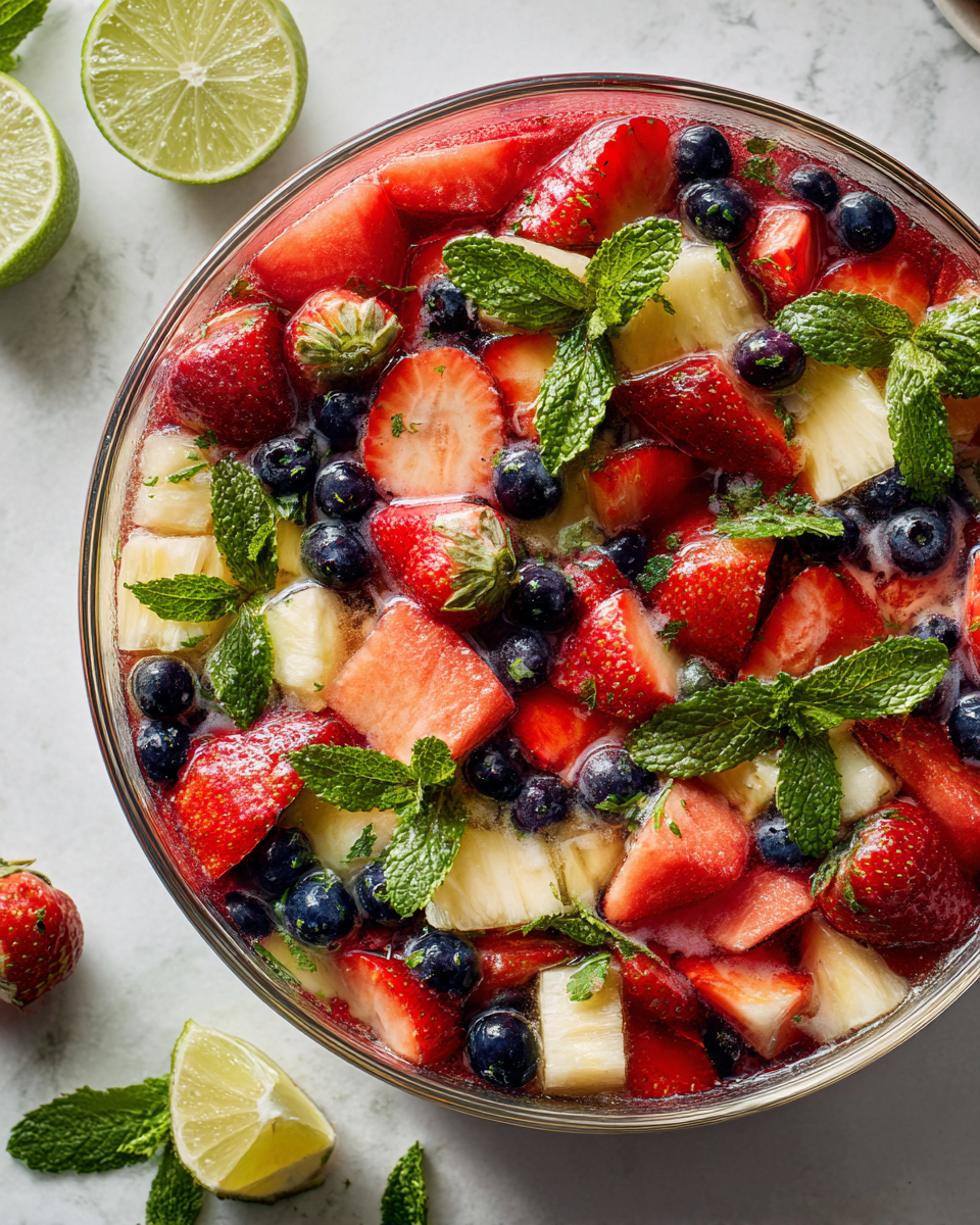 Ensalada de frutas colorida y refrescante ideal para el verano en España, perfecta para fiestas y reuniones familiares.