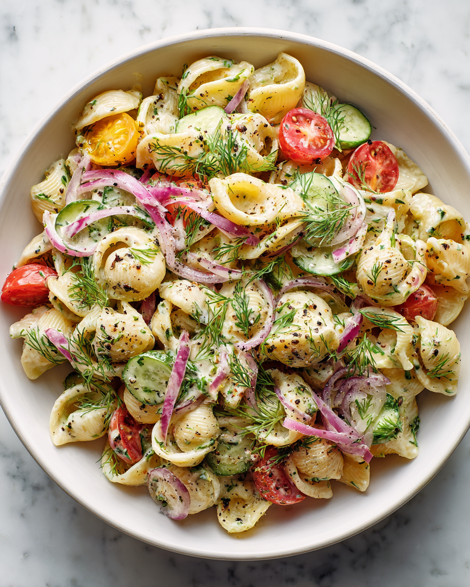 Deliciosa Ensalada de Pasta con Pepinillos para Verano Ensalada de pasta con pepinillos, frescura y sabores vibrantes, ideal para reuniones de verano