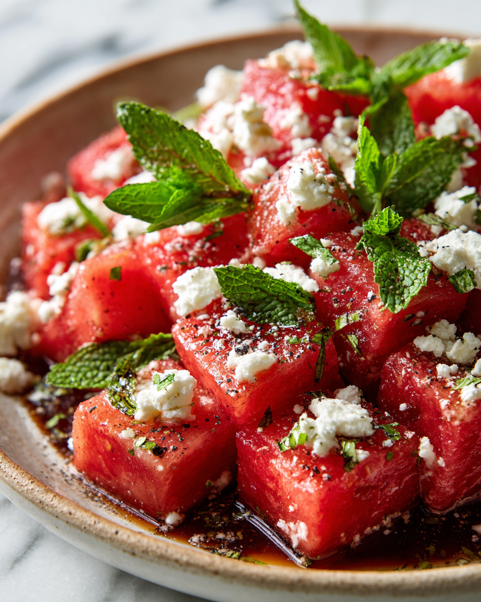 Ensalada de sandía y feta fresca y ligera, ideal para el verano.