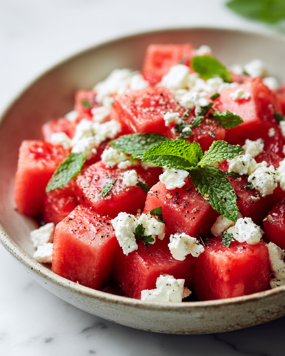 Ensalada de sandía y feta fresca y ligera, ideal para el verano.