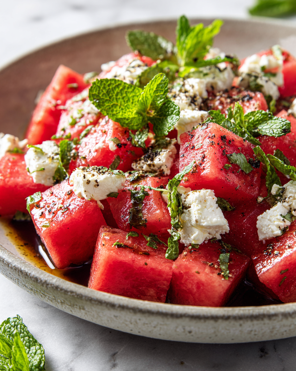 Ensalada de sandía y feta fresca y ligera, ideal para el verano.