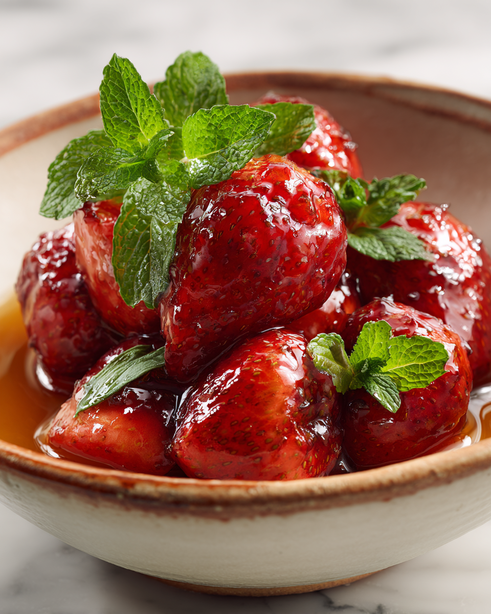 Fresas frescas glaseadas con miel y lima, un postre saludable y festivo, ideal para el verano.