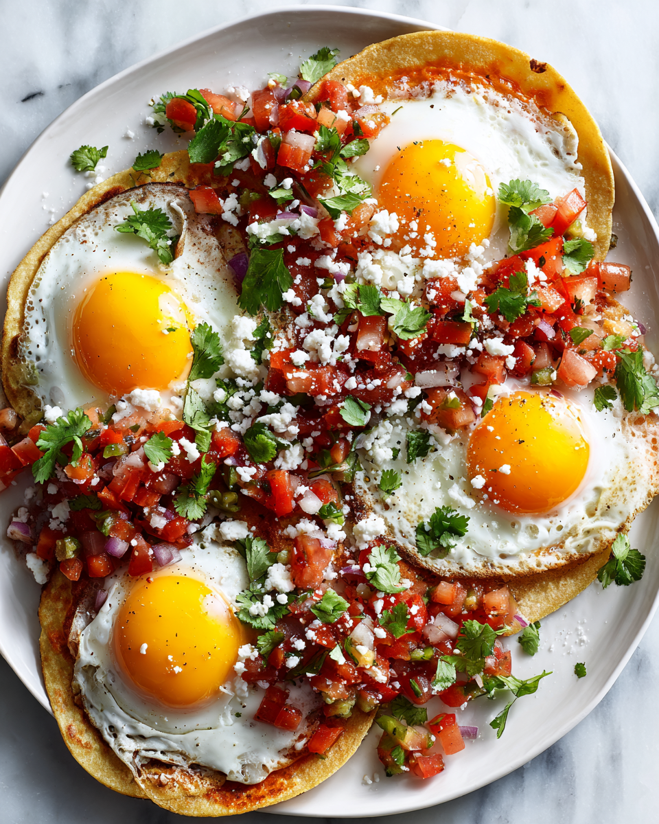 Disfruta de unos Huevos Rancheros Vibrantes Huevos Rancheros con salsa de tomate, aguacate y queso fresco, un desayuno vibrante y sabroso.