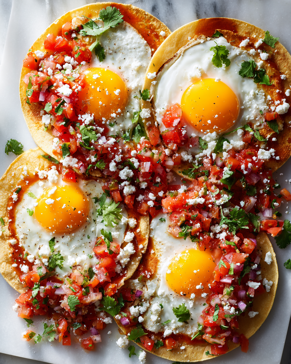 Disfruta de unos Huevos Rancheros Vibrantes Huevos Rancheros con salsa de tomate, aguacate y queso fresco, un desayuno vibrante y sabroso.