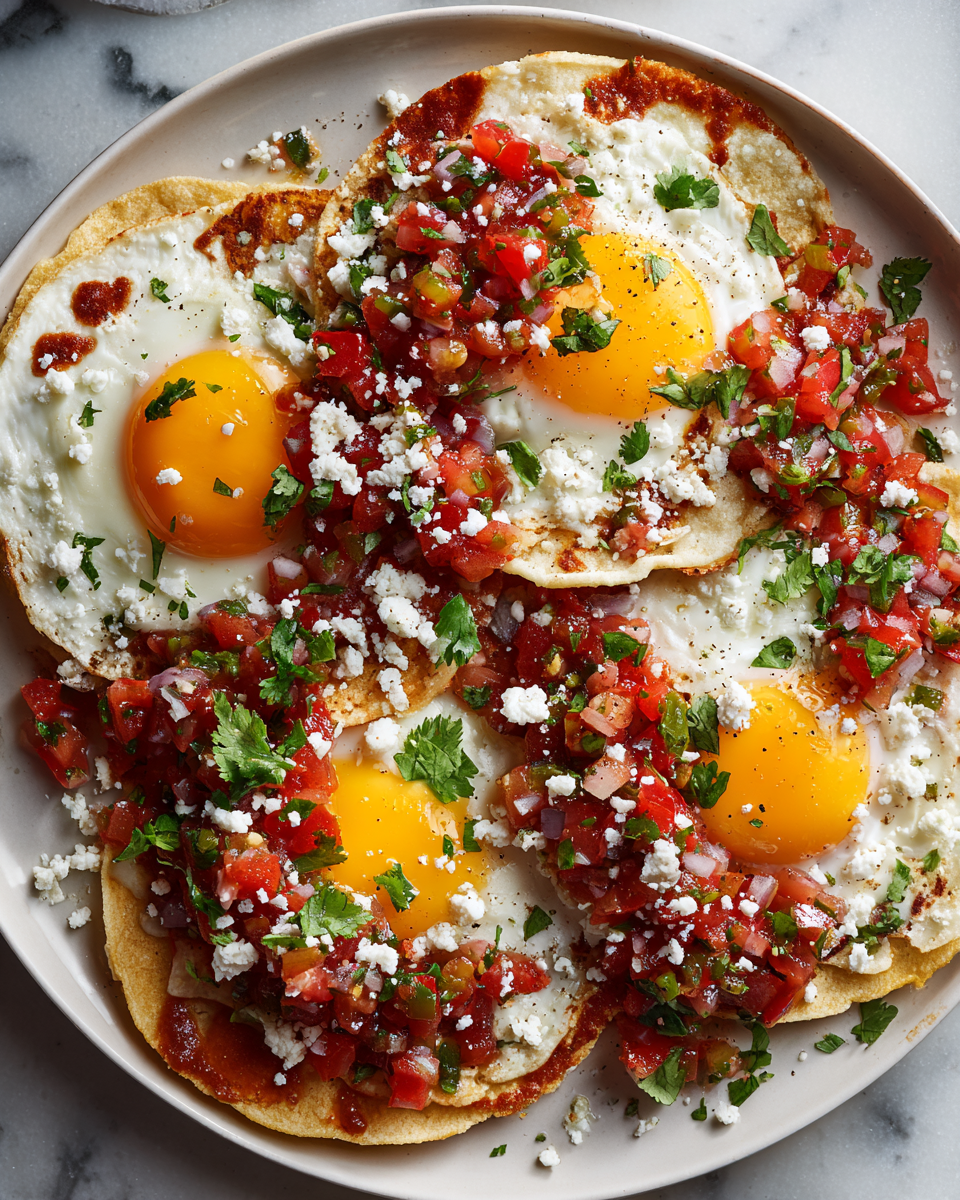 Disfruta de unos Huevos Rancheros Vibrantes Huevos Rancheros con salsa de tomate, aguacate y queso fresco, un desayuno vibrante y sabroso.